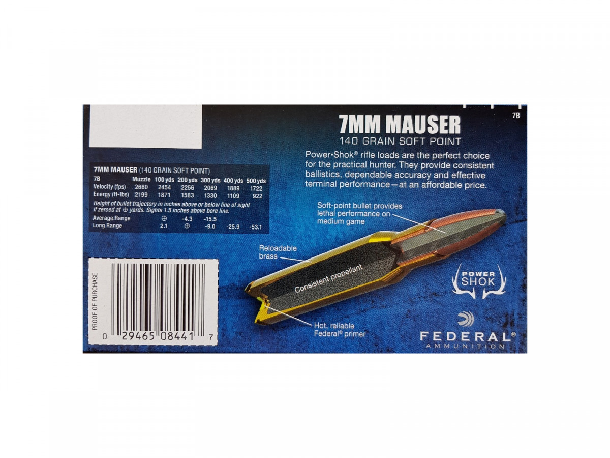 Fotografia: 7 x 57 (7mm Mauser) Federal Power-Shok 140gr/9.07g SP RN (7B)