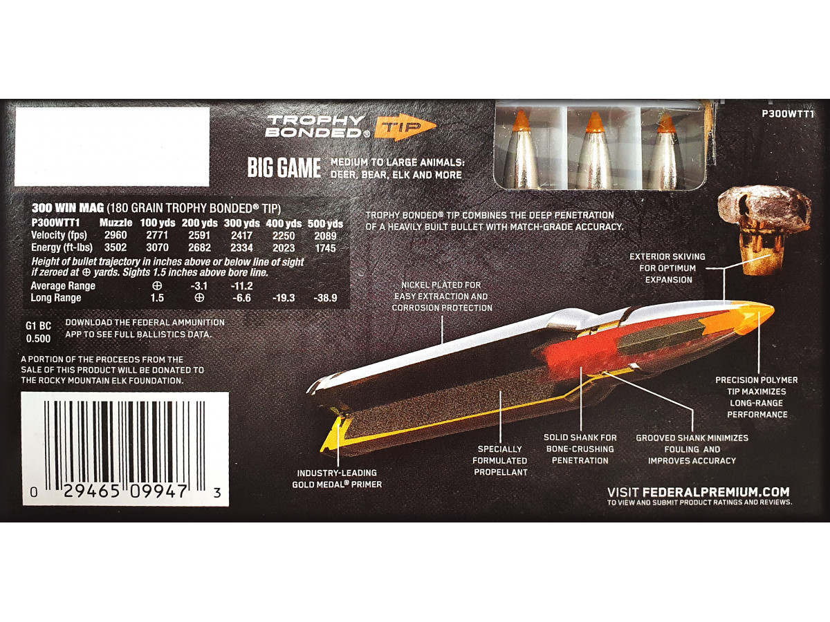 Fotografia: .300WinMag. Federal Premium Trophy Bonded Tip 180gr/11,66g (P300WTT1)