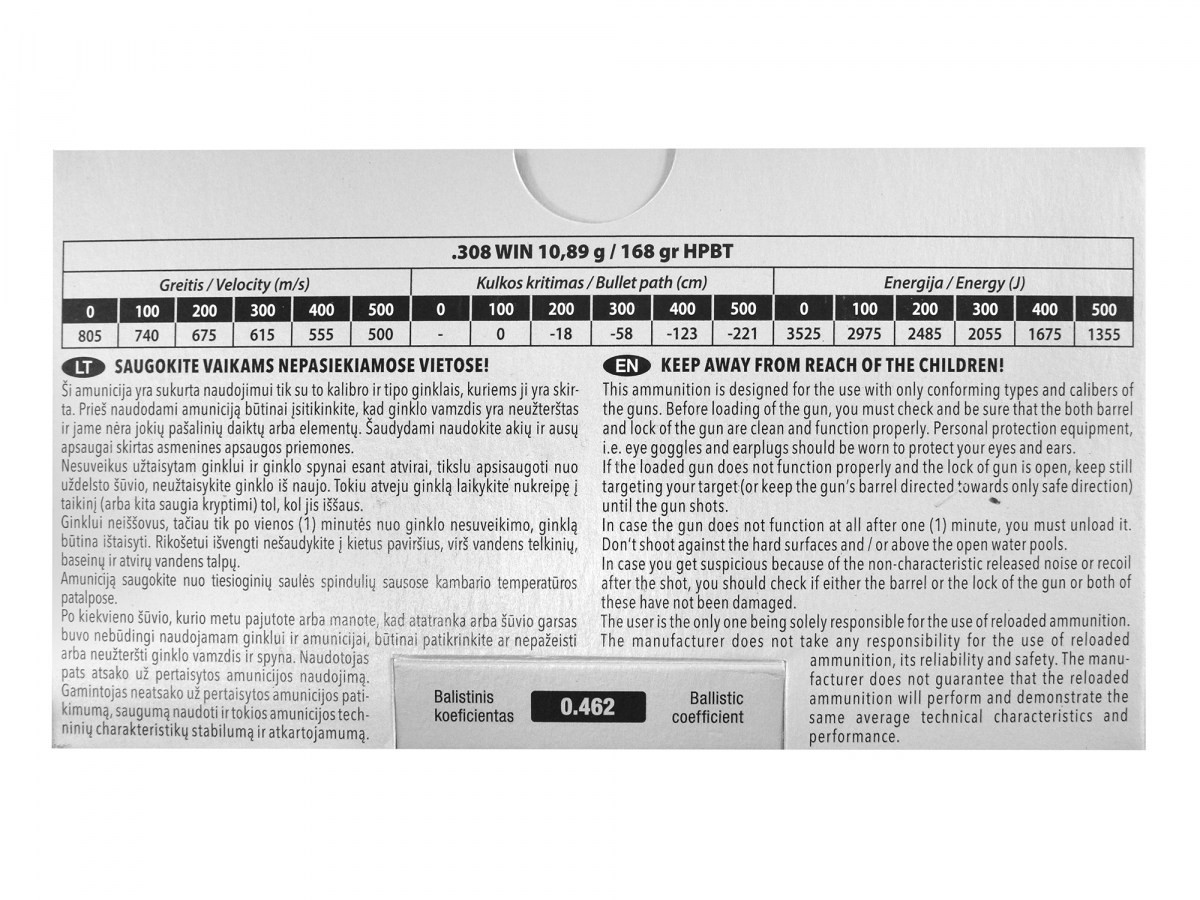 Fotografia: GGG .308Win. 168gr/10,89g HPBT Nosler Custom Competition (GPX13No)